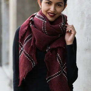 Plaid Frayed Trim Blanket Scarf - Burgundy