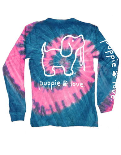 Puppie Love Bubble Gum Tie Dye Pup Adult Long Sleeve Tee