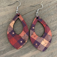 Load image into Gallery viewer, Red White &amp; Blue Plaid Cork and Leather Teardrop Earrings