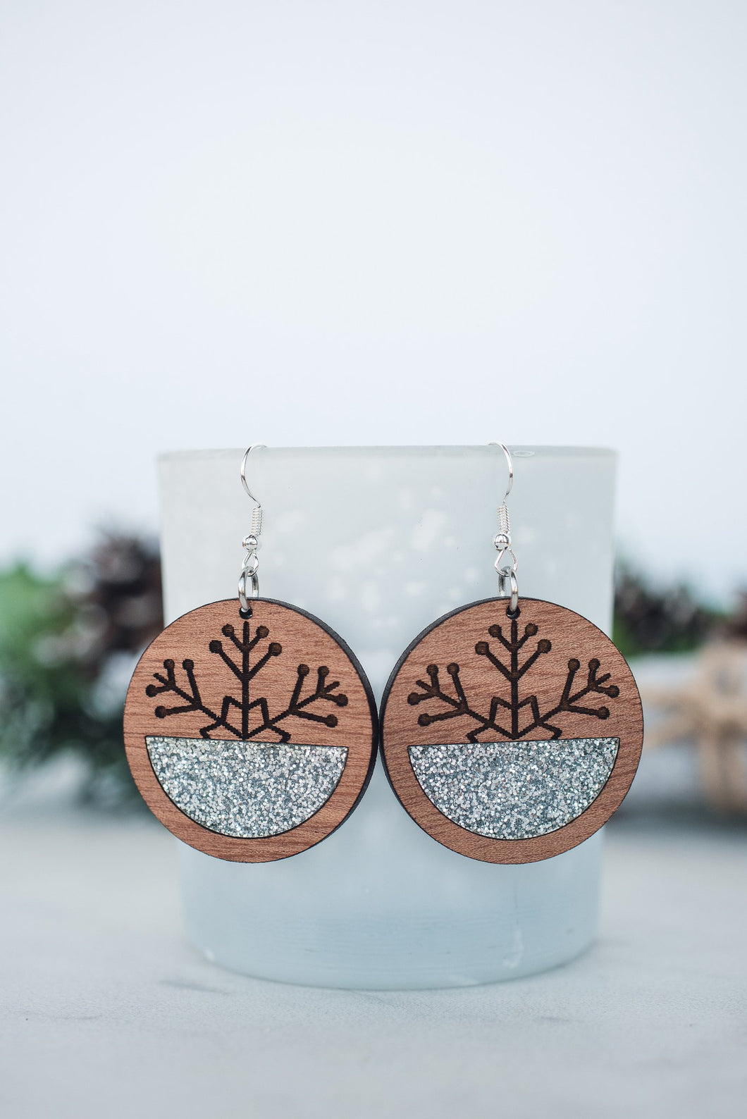 Snowflake Circle Inset Dangle Earrings