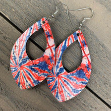 Load image into Gallery viewer, Red White &amp; Blue Tie Dye Cork and Leather Teardrop Earrings