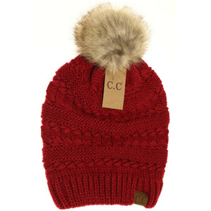 Whipstitch Knit Faux Fur Pom Beanie Hat - Chili Pepper