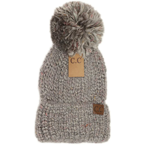 Multi Color Feather Knit Pom Beanie Hat - Light Grey