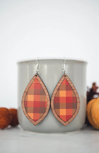 Fall Plaid & Wood Inset Teardrop Dangle Earrings