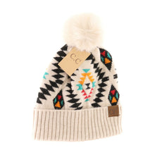Load image into Gallery viewer, Aztec Patterned Faux Fur Pom C.C Beanie Hat - Beige