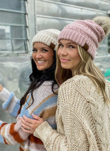 Load image into Gallery viewer, Whipstitch Knit Faux Fur Pom Beanie - Rose