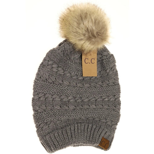 C.C. Beanie Whipstitch Knit Faux Fur Pom Beanie-Grey