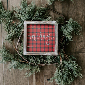 Merry Plaid Wood Sign 8x8