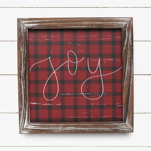 Joy Plaid Wood Sign 8x8