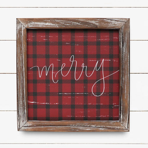 Merry Plaid Wood Sign 8x8