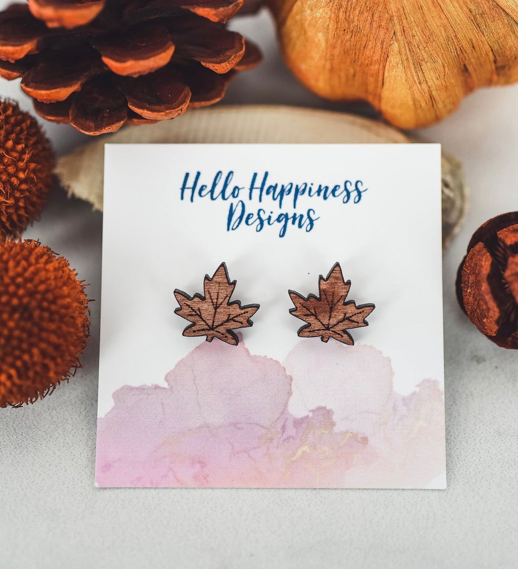 Maple Leaf Wood Stud Earrings