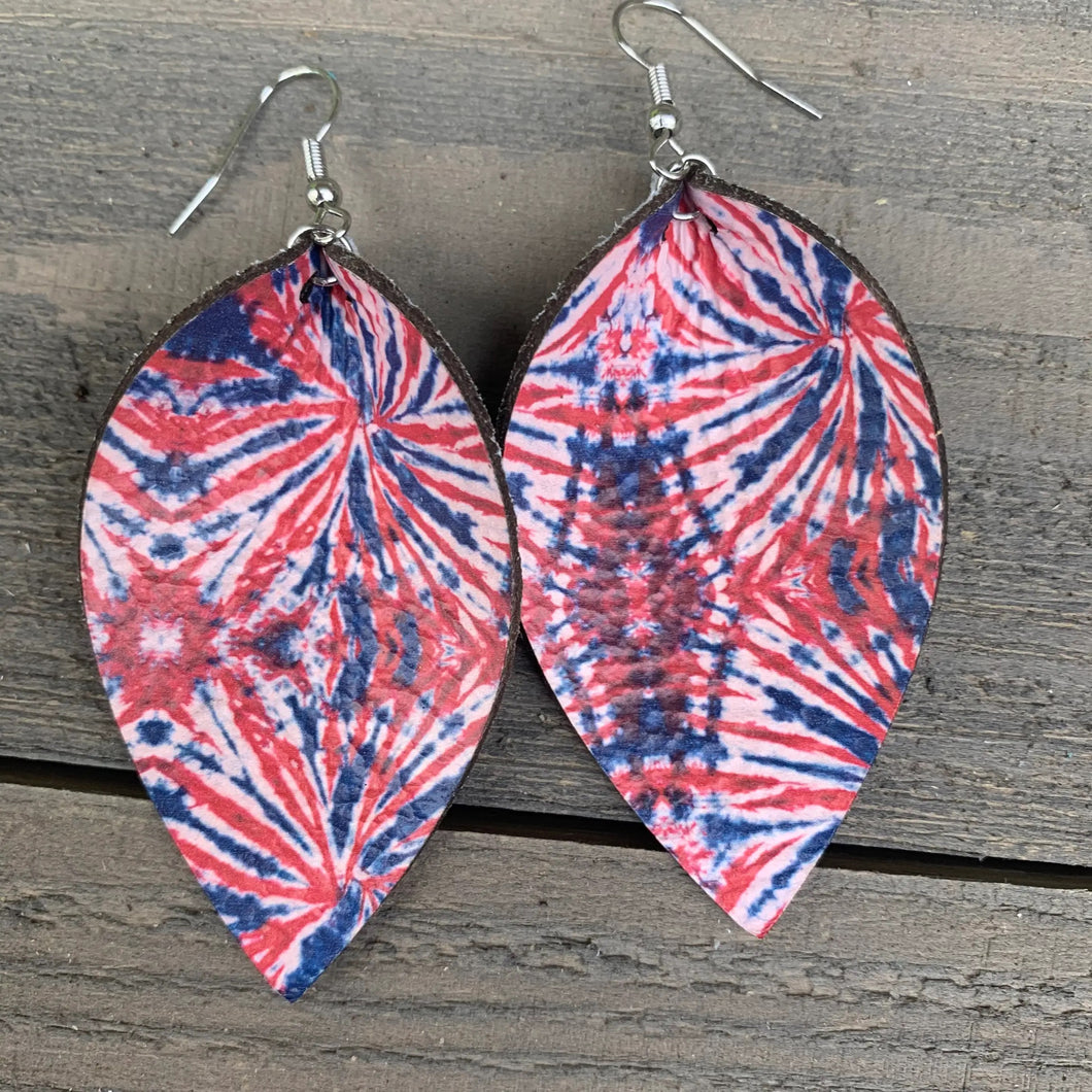 Red White & Blue Tie Dye Leather Earrings