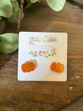 Load image into Gallery viewer, Orange Glitter Pumpkin Stud Earrings