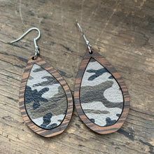 Load image into Gallery viewer, Wood Teardrop Earrings with Camo Leather