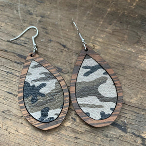 Wood Teardrop Earrings with Camo Leather