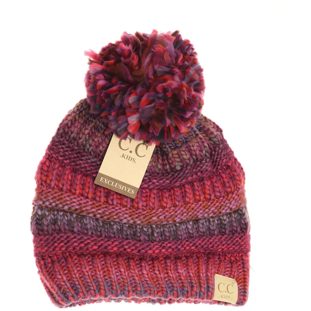 Kids Multi Color Cable Knit Pom CC Beanie Hat - Burgundy