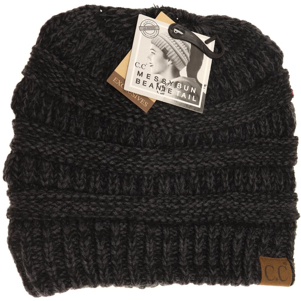 Multi Tone Slouchy CC Beanie Tail-Black Grey Mix