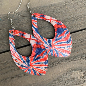 Red White & Blue Tie Dye Cork and Leather Teardrop Earrings