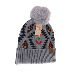 Aztec Patterned Faux Fur Pom C.C Beanie Hat - Light Grey