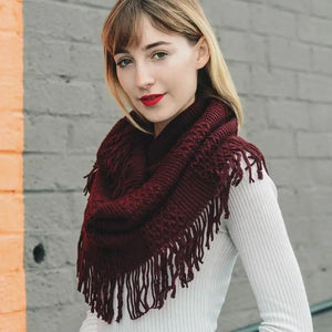 Pointelle Fringe Infinity Scarf -Burgundy