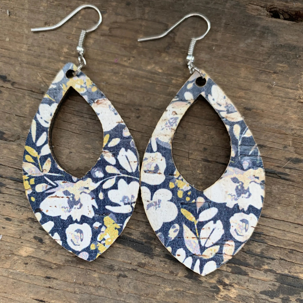 Blue Poppy Cork & Leather Teardrop Earrings