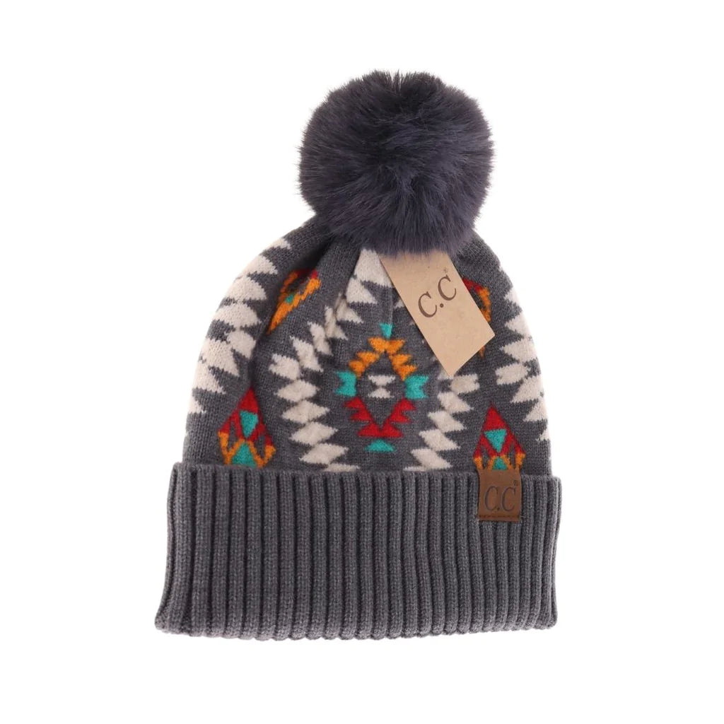 Aztec Patterned Faux Fur Pom C.C Beanie Hat - Dark Grey