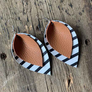 Black and White Stripe Cognac Brown Earrings