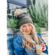 Load image into Gallery viewer, C.C. Beanie Whipstitch Knit Faux Fur Pom Beanie-Heather Denim