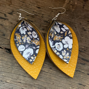 Mustard & Blue Poppy Double Layered Leather Earrings