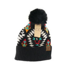 Load image into Gallery viewer, Aztec Patterned Faux Fur Pom C.C Beanie Hat - Black