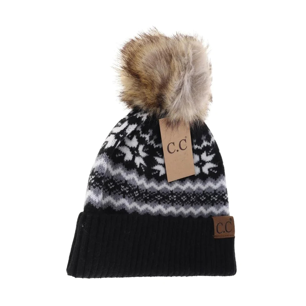 Fair Isle Print C.C Beanie Hat - Black