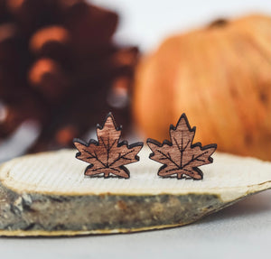 Maple Leaf Wood Stud Earrings