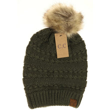 Load image into Gallery viewer, C.C. Beanie Whipstitch Knit Faux Fur Pom Hat- Olive