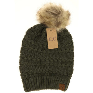 C.C. Beanie Whipstitch Knit Faux Fur Pom Hat- Olive