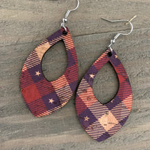 Load image into Gallery viewer, Red White &amp; Blue Plaid Cork and Leather Teardrop Earrings