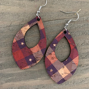 Red White & Blue Plaid Cork and Leather Teardrop Earrings