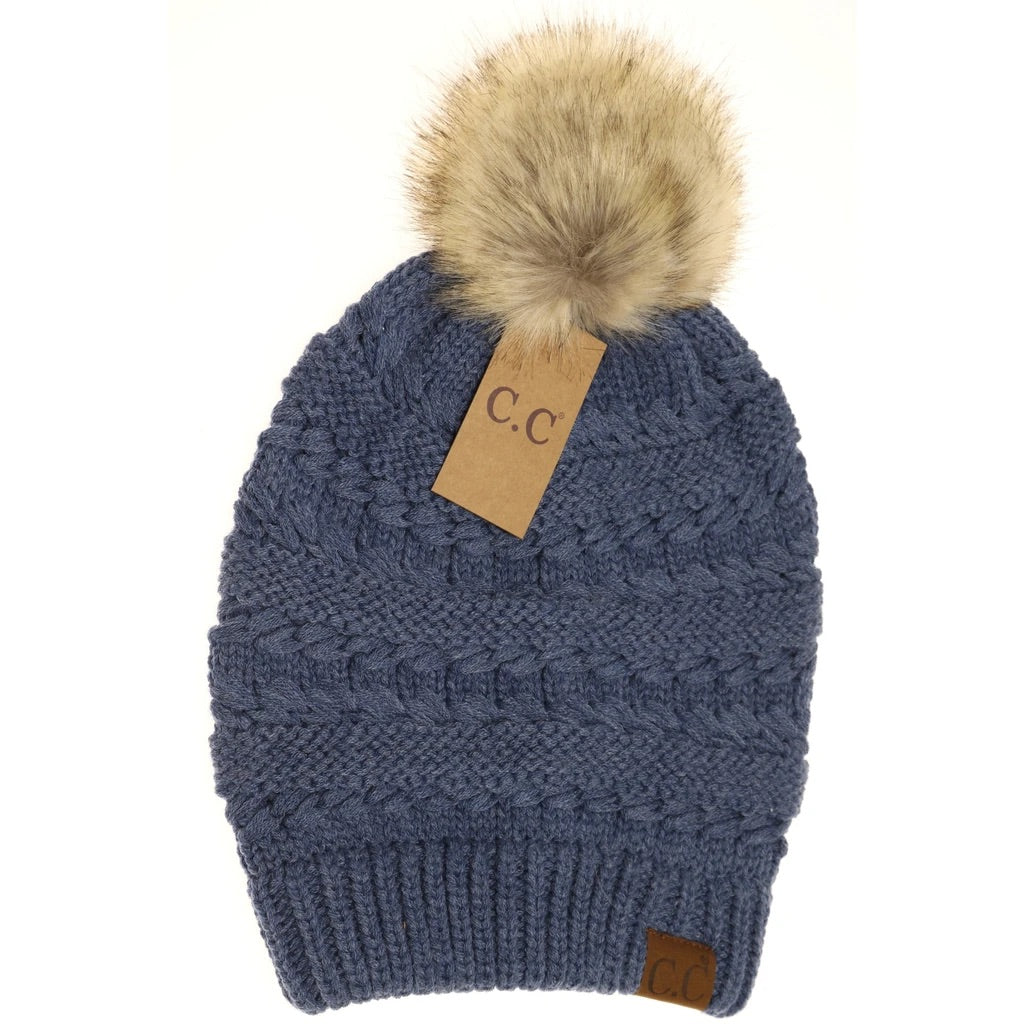 C.C. Beanie Whipstitch Knit Faux Fur Pom Beanie-Heather Denim