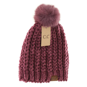 Chenille Chunky Knit Faux Fur Pom C.C Beanie Hat - Coco Berry